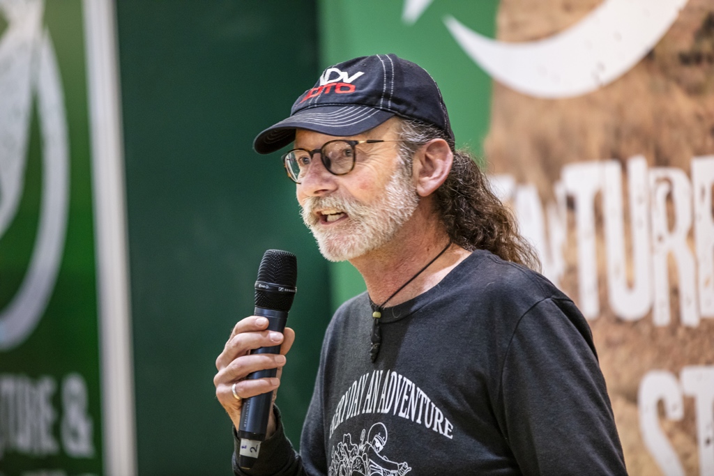 Sam Manicom speaking on the Adventure Stage at the London Motorcycle  Show (photo credit: Bernard Zieja)